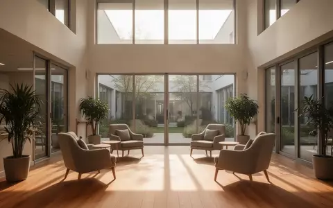 Ein heller, moderner Gemeinschaftsraum für Senioren mit bequemen Sesseln, großen Fenstern und Blick in einen grünen Innenhof. - Foto: über boerse-global.de