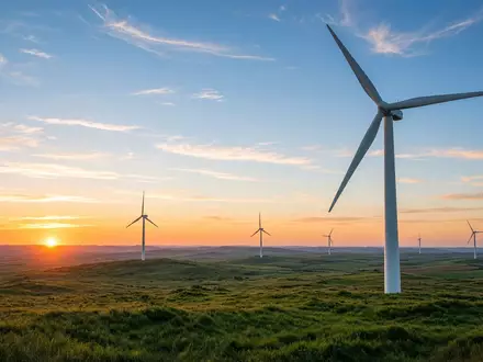 Moderne Windkraftanlagen in einer weiten grünen Landschaft bei Sonnenuntergang - Foto: über boerse-global.de