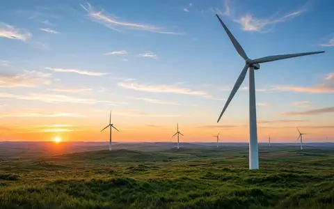 Moderne Windkraftanlagen in einer weiten grünen Landschaft bei Sonnenuntergang - Foto: über boerse-global.de