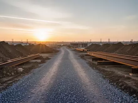 Eine weite, unbesiedelte Baustelle bei Sonnenaufgang mit aufgeschütteter Erde und Stahlträgern. - Foto: über boerse-global.de