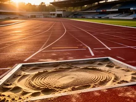 Eine leere Leichtathletik-Laufbahn mit roter Tartanbahn und einer Weitsprunggrube bei Sonnenuntergang. - Foto: über boerse-global.de