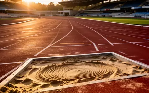 Eine leere Leichtathletik-Laufbahn mit roter Tartanbahn und einer Weitsprunggrube bei Sonnenuntergang. - Foto: über boerse-global.de