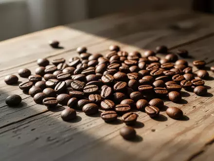 Nahaufnahme von gerösteten Kaffeebohnen auf einer hölzernen Tischoberfläche bei natürlichem Lichteinfall. - Foto: über boerse-global.de