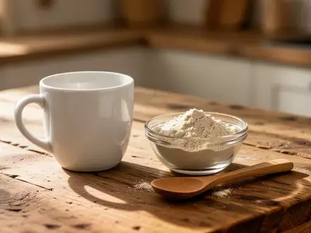 Eine weiße Kaffeetasse und eine kleine Schale mit weißlichem Proteinpulver auf einer hölzernen Arbeitsplatte im Morgenlicht. - Foto: über boerse-global.de