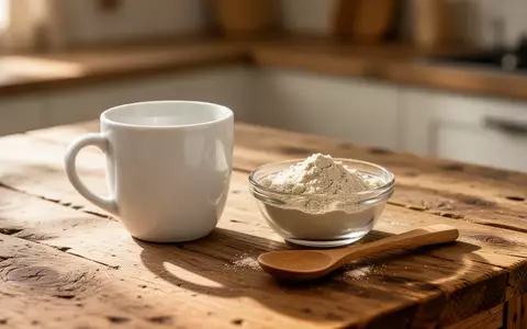 Eine weiße Kaffeetasse und eine kleine Schale mit weißlichem Proteinpulver auf einer hölzernen Arbeitsplatte im Morgenlicht. - Foto: über boerse-global.de