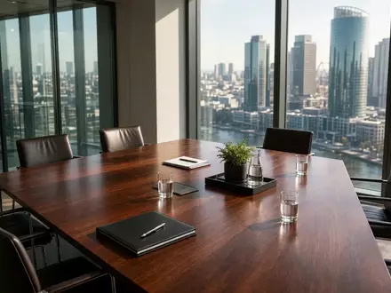 Moderner Konferenzraum in einem Finanzbüro mit Blick auf die Skyline bei natürlichem Tageslicht. - Foto: über boerse-global.de