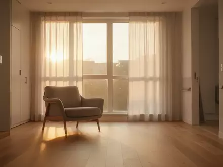Ein helles, modern eingerichtetes Wohnzimmer mit einem leeren Sessel vor einem großen Fenster, das ein Gefühl von häuslicher Unabhängigkeit vermittelt. - Foto: über boerse-global.de