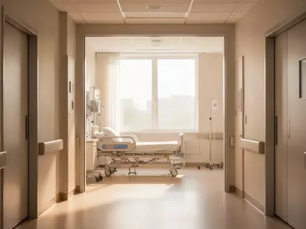 Ein heller, moderner Krankenhausflur mit Blick in ein ruhiges, sonnendurchflutetes Patientenzimmer. - Foto: über boerse-global.de