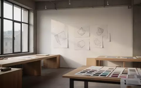 Ein minimalistisch gestaltetes, lichtdurchflutetes Designstudio mit Arbeitsflächen und Farbmustern. - Foto: über boerse-global.de