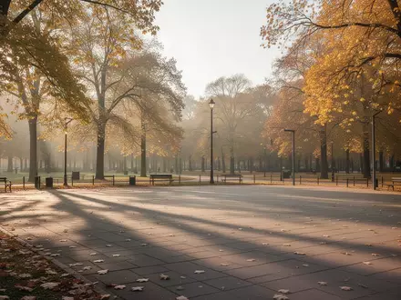 Ein leerer, sonnendurchfluteter öffentlicher Platz in einem Park im Herbst mit herbstlichen Bäumen. - Foto: über boerse-global.de
