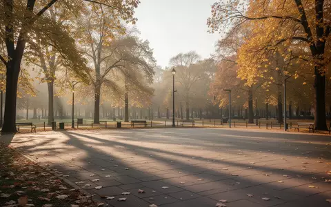 Ein leerer, sonnendurchfluteter öffentlicher Platz in einem Park im Herbst mit herbstlichen Bäumen. - Foto: über boerse-global.de
