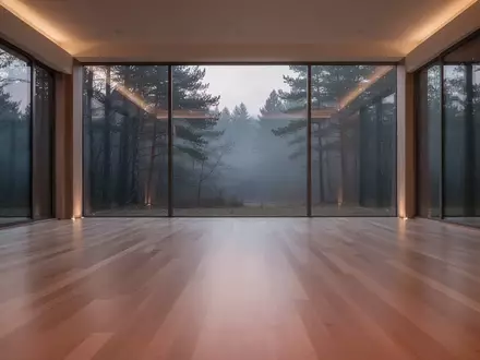 Ein minimalistischer, ruhiger Trainingsraum mit hellem Holzboden und großen Fenstern mit Blick auf einen nebligen Wald. - Foto: über boerse-global.de