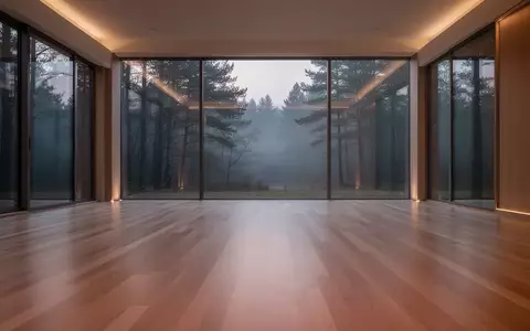 Ein minimalistischer, ruhiger Trainingsraum mit hellem Holzboden und großen Fenstern mit Blick auf einen nebligen Wald. - Foto: über boerse-global.de