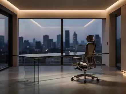 Ein minimalistisch eingerichtetes, modern gestaltetes Heimbüro in der Dämmerung mit indirekter Beleuchtung und klaren architektonischen Linien. - Foto: über boerse-global.de