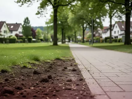 Ein gepflegter Parkweg in einer deutschen Wohnsiedlung mit angrenzenden Grünflächen und Bäumen an einem bewölkten Tag. - Foto: über boerse-global.de