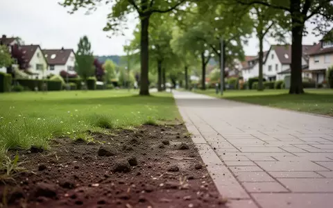 Ein gepflegter Parkweg in einer deutschen Wohnsiedlung mit angrenzenden Grünflächen und Bäumen an einem bewölkten Tag. - Foto: über boerse-global.de