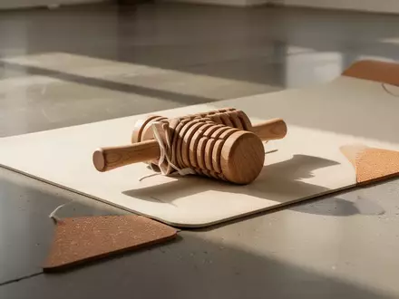 Ein hölzernes Massagewerkzeug auf einer Yogamatte aus Kork in einem hellen, minimalistischen Raum. - Foto: über boerse-global.de