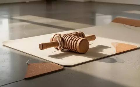 Ein hölzernes Massagewerkzeug auf einer Yogamatte aus Kork in einem hellen, minimalistischen Raum. - Foto: über boerse-global.de