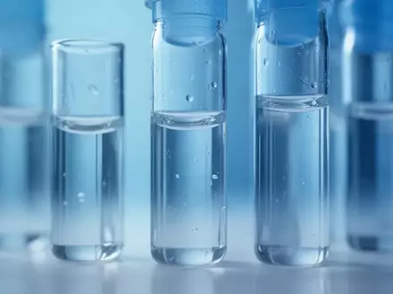Nahaufnahme von medizinischen Glasbehältern mit Flüssigkeit in einem sterilen, blau beleuchteten Laborumfeld. - Foto: über boerse-global.de