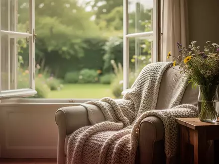 Ein lichtdurchflutetes Wohnzimmer mit einem bequemen Sessel und frischen Blumen, das eine ruhige und unterstützende Atmosphäre vermittelt. - Foto: über boerse-global.de