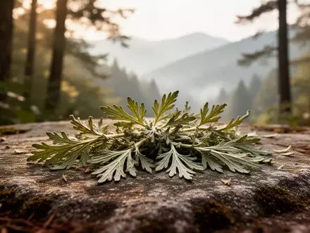 Getrocknete Beifußblätter auf einem Stein vor einer nebligen Berglandschaft - Foto: über boerse-global.de