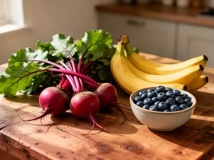 Frische Rote Bete, Bananen und Heidelbeeren auf einem Holztisch als Symbol für eine herzgesunde Ernährung. - Foto: über boerse-global.de