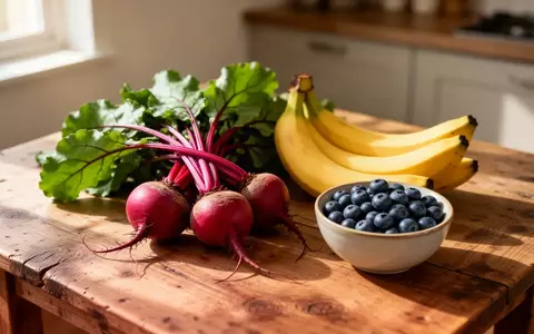 Frische Rote Bete, Bananen und Heidelbeeren auf einem Holztisch als Symbol für eine herzgesunde Ernährung. - Foto: über boerse-global.de