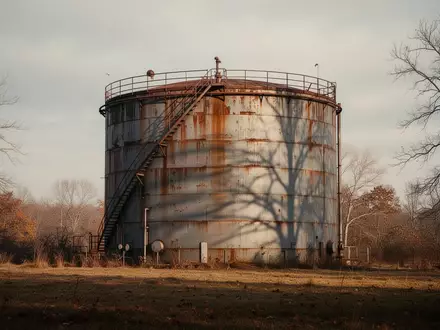 Ein großer, verwitterter Heizöltank in einer weitläufigen, herbstlichen Landschaft ohne Menschen. - Foto: über boerse-global.de