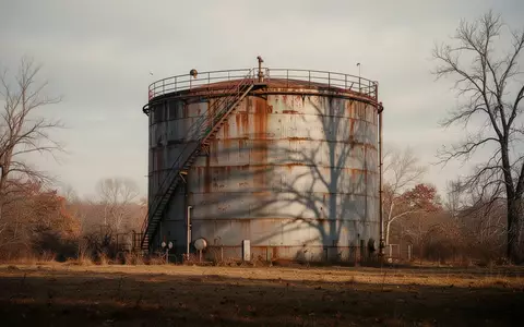 Ein großer, verwitterter Heizöltank in einer weitläufigen, herbstlichen Landschaft ohne Menschen. - Foto: über boerse-global.de