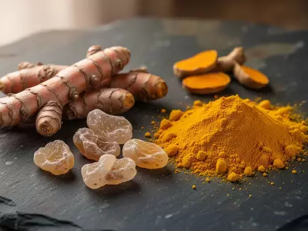 Rohkurkumawurzeln, getrocknete Weihrauchharzstücke und gelbes Kurkumapulver auf einem dunklen Steinuntergrund. - Foto: über boerse-global.de
