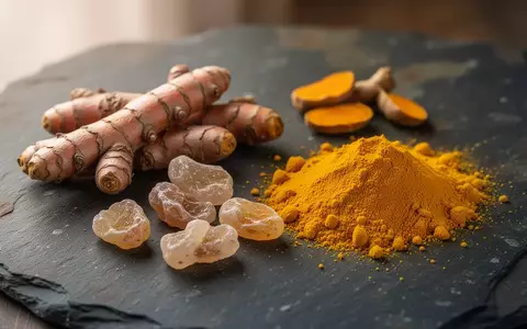 Rohkurkumawurzeln, getrocknete Weihrauchharzstücke und gelbes Kurkumapulver auf einem dunklen Steinuntergrund. - Foto: über boerse-global.de