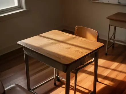 Ein leerer, sonnendurchfluteter Schultisch in einem ruhigen, minimalistischen Klassenzimmer. - Foto: über boerse-global.de