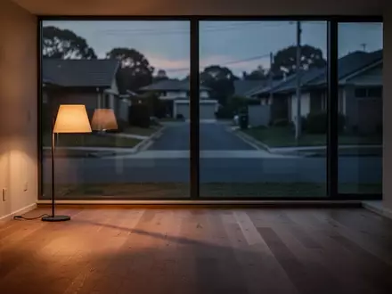 Ein minimalistisch eingerichtetes, leeres Wohnzimmer in der Abenddämmerung mit langen Schatten auf dem Boden. - Foto: über boerse-global.de