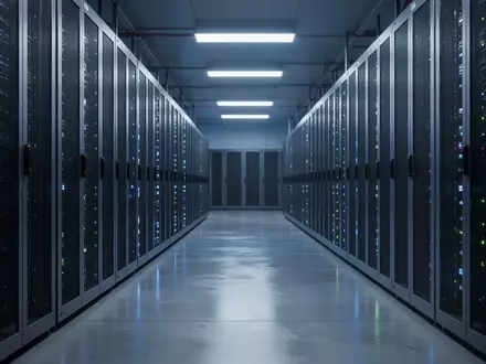 Leere Serverraum-Gänge mit unbeschrifteten Serverschränken und blauen Statusleuchten in einer modernen Industrieumgebung. - Foto: über boerse-global.de
