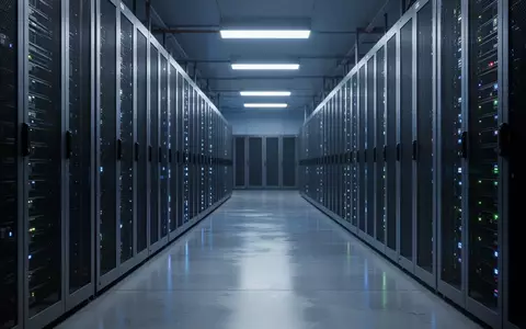 Leere Serverraum-Gänge mit unbeschrifteten Serverschränken und blauen Statusleuchten in einer modernen Industrieumgebung. - Foto: über boerse-global.de