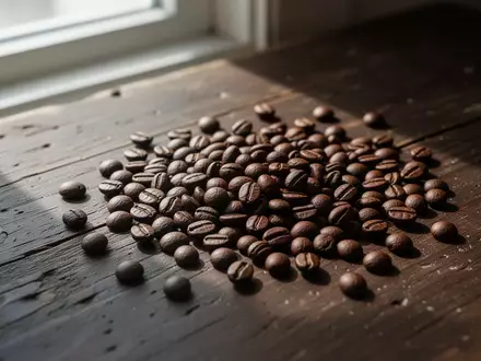 Nahaufnahme von gerösteten Kaffeebohnen auf einem rustikalen Holztisch bei natürlichem Lichteinfall. - Foto: über boerse-global.de