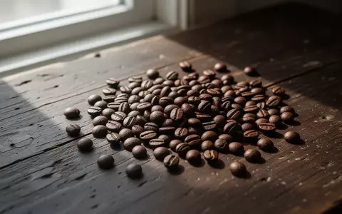 Nahaufnahme von gerösteten Kaffeebohnen auf einem rustikalen Holztisch bei natürlichem Lichteinfall. - Foto: über boerse-global.de