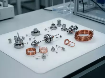 Nahaufnahme von zerlegten elektromagnetischen Bauteilen und Spulen auf einem sterilen Labortisch in einer Forschungseinrichtung. - Foto: ĂŒber boerse-global.de