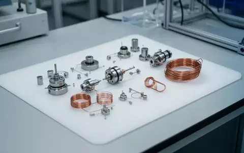 Nahaufnahme von zerlegten elektromagnetischen Bauteilen und Spulen auf einem sterilen Labortisch in einer Forschungseinrichtung. - Foto: über boerse-global.de