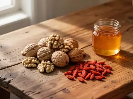 Eine Nahaufnahme von Walnüssen, Goji-Beeren und einem Glas Honig auf einem Holztisch bei natürlichem Licht. - Foto: über boerse-global.de