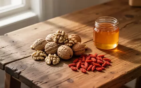 Eine Nahaufnahme von Walnüssen, Goji-Beeren und einem Glas Honig auf einem Holztisch bei natürlichem Licht. - Foto: über boerse-global.de