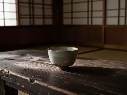 Eine handgefertigte Keramikschale auf einem dunklen Holztisch in einem minimalistischen, lichtdurchfluteten japanischen Raum. - Foto: über boerse-global.de