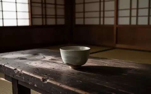 Eine handgefertigte Keramikschale auf einem dunklen Holztisch in einem minimalistischen, lichtdurchfluteten japanischen Raum. - Foto: über boerse-global.de