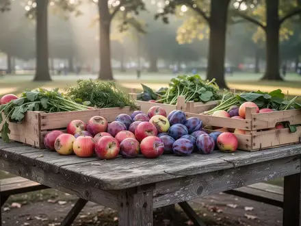 Frisches, leicht unperfektes Obst und Gemüse in Holzkisten auf einem rustikalen Tisch in einem Park. - Foto: über boerse-global.de