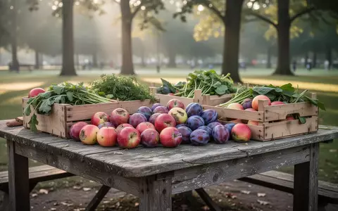 Frisches, leicht unperfektes Obst und Gemüse in Holzkisten auf einem rustikalen Tisch in einem Park. - Foto: über boerse-global.de
