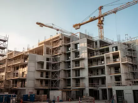 Ein Rohbau eines Wohngebäudes auf einer Baustelle mit einem Baukran vor einem klaren Himmel. - Foto: über boerse-global.de