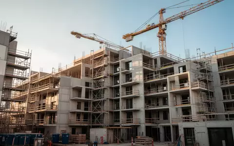 Ein Rohbau eines Wohngebäudes auf einer Baustelle mit einem Baukran vor einem klaren Himmel. - Foto: über boerse-global.de