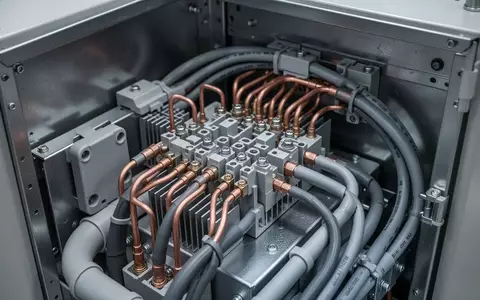 Nahaufnahme einer industriellen Schaltanlage mit komplexer Verkabelung und elektrischen Komponenten in einem Metallgehäuse. - Foto: über boerse-global.de