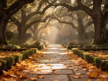 Ein sonnendurchfluteter Gartenweg mit herbstlichem Laub und alten Bäumen, der eine friedliche Atmosphäre ausstrahlt. - Foto: über boerse-global.de