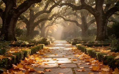 Ein sonnendurchfluteter Gartenweg mit herbstlichem Laub und alten Bäumen, der eine friedliche Atmosphäre ausstrahlt. - Foto: über boerse-global.de